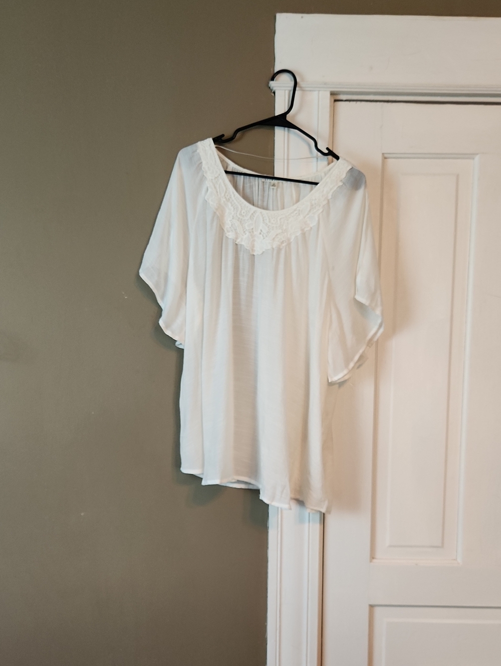 Spense White Lace Yoke Flutter Sleeve Blouse